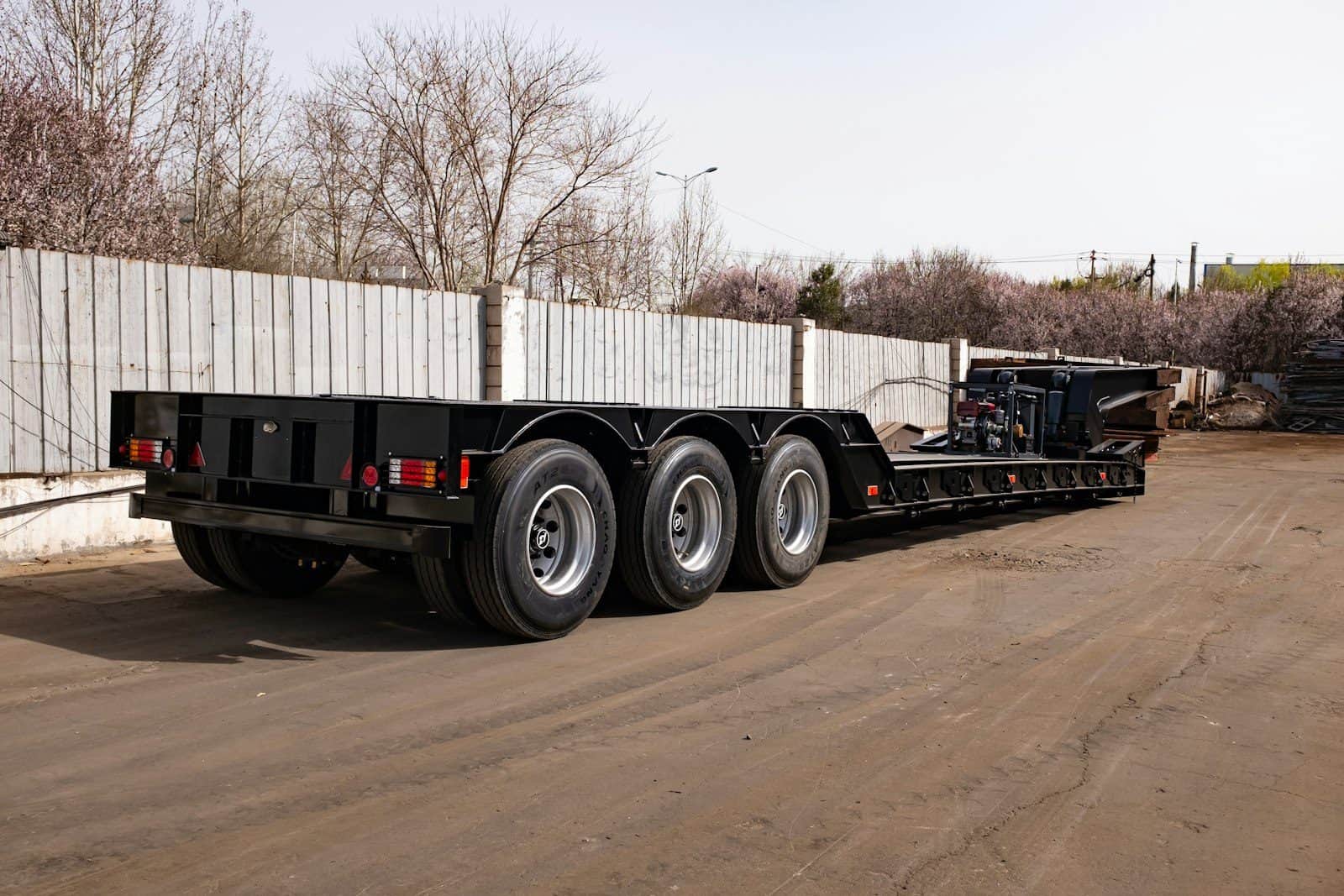 A drop-deck lowbed trailer with its ramps stowed